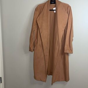Akira Camel Faux Suede Open Trench Coat